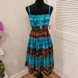 Elegant Blue and Brown Tie-Dye Midi Dress.Free Size ( Size 10 - 12.) New With Ta